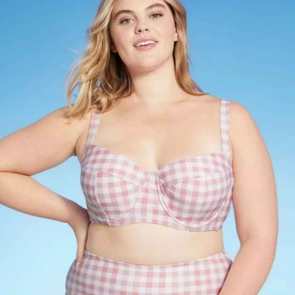 New! Kona Sol Women's Plus Size Underwire Plaid Swim Top